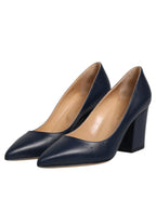Blue Leather Pointed Toe Block Heels Shoes