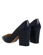 Blue Leather Pointed Toe Block Heels Shoes
