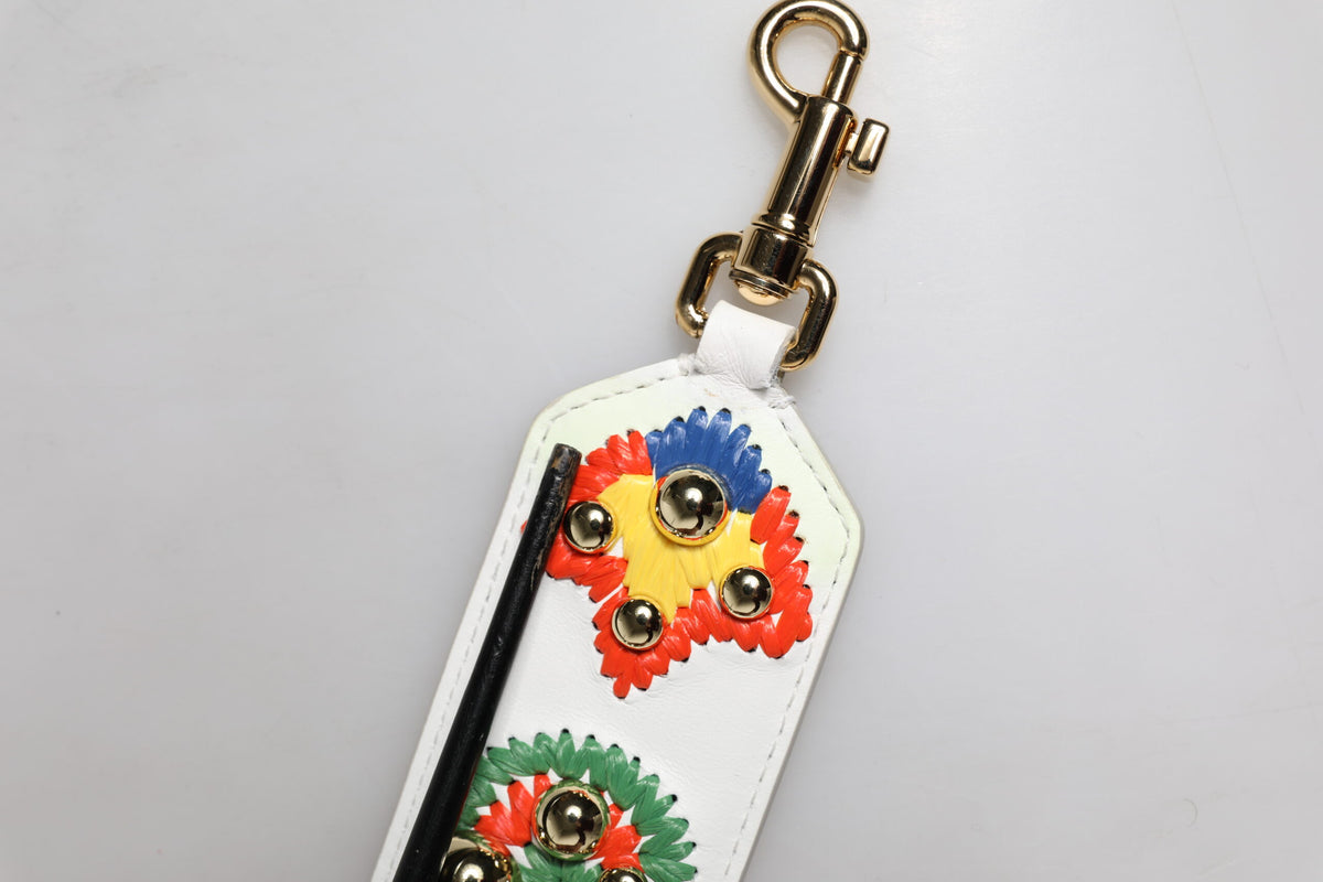 White Calfskin Raffia Embroidered Patchwork Shoulder Strap