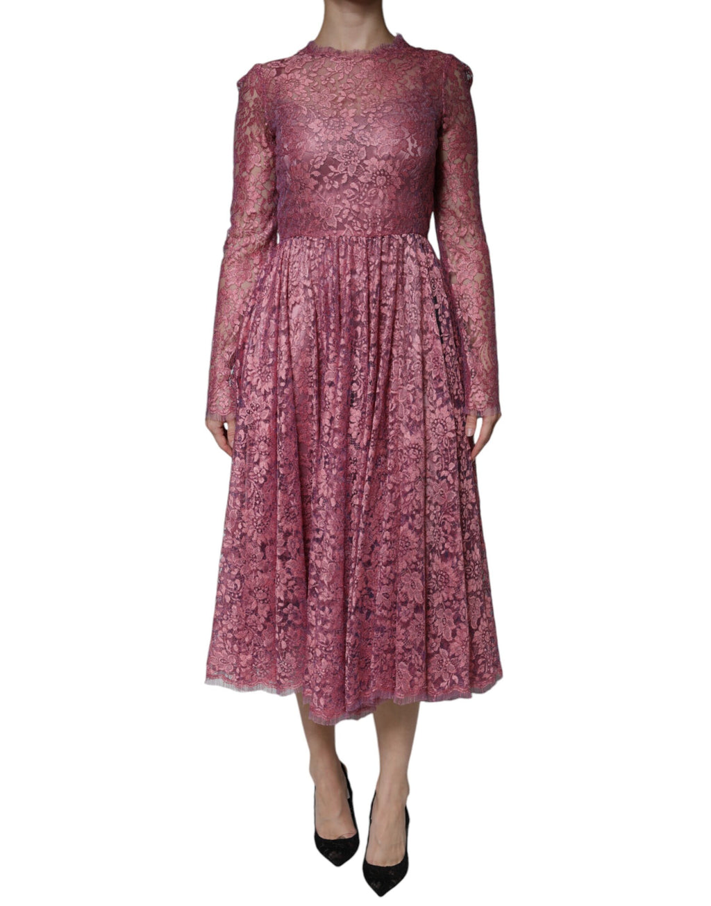 Pink Floral Lace Long Sleeve Midi Dress