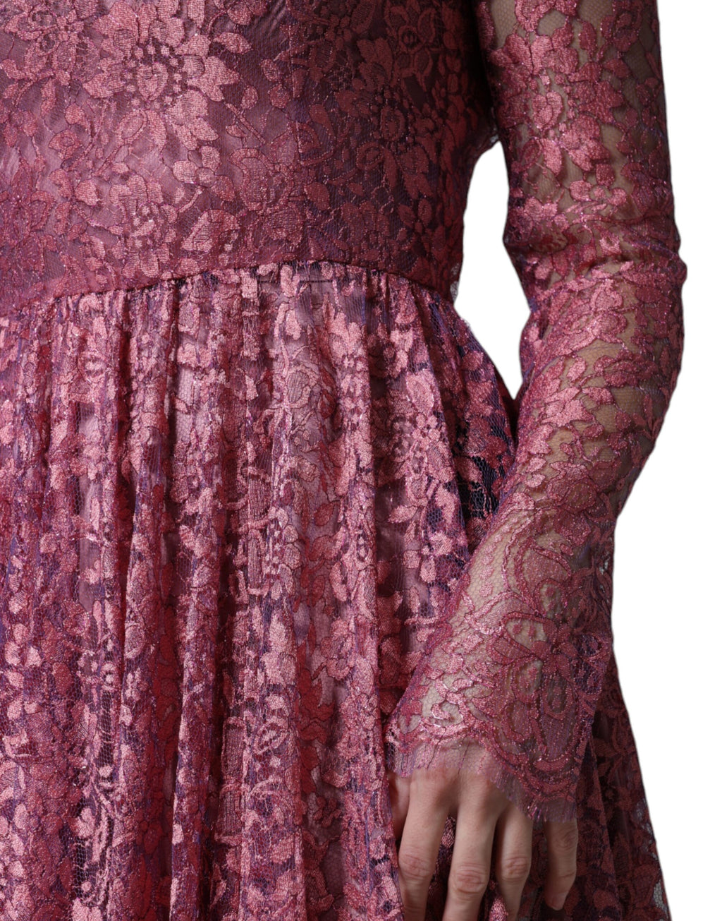 Pink Floral Lace Long Sleeve Midi Dress