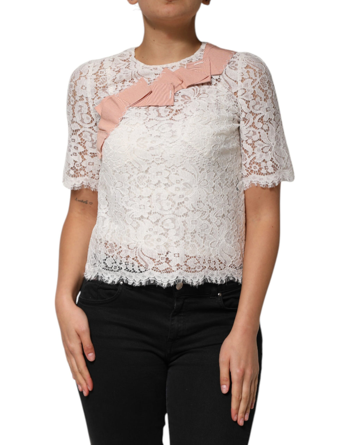 White Floral Lace Short Sleeves Blouse Top