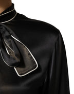 Black Silk Ascot Collared Button Blouse Top