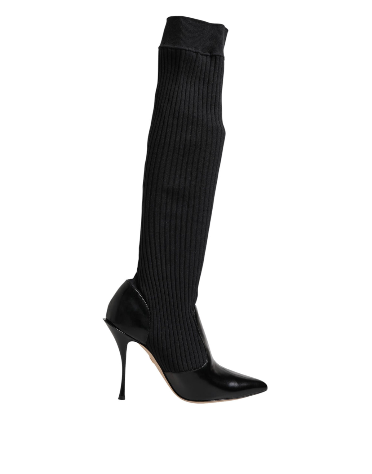 Black Leather Ribbed Knit Knee Boots Shoes