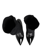 Black Leather Ribbed Knit Knee Boots Shoes