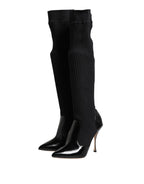 Black Leather Ribbed Knit Knee Boots Shoes
