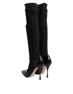 Black Leather Ribbed Knit Knee Boots Shoes