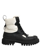 Black White Padded Mid Calf Lace Up Boots Shoes