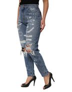 Blue Tattered High Waist Women Denim Jeans