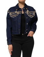 Blue Cotton Denim Crystal Embellished Jacket