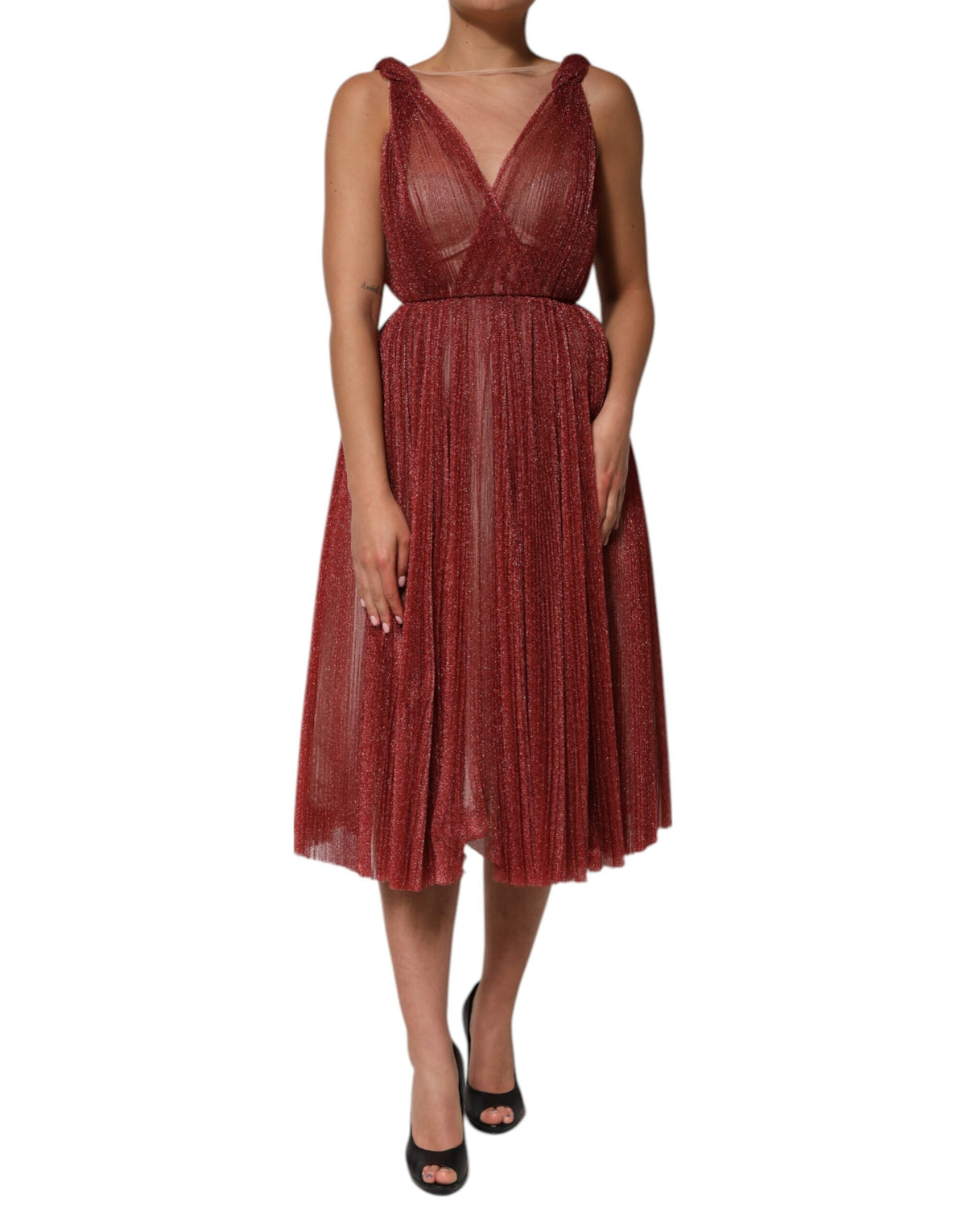 Burgundy Mesh Sleeveless Midi A-line Dress
