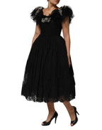 Black Crystal Embellished Midi A-line Dress