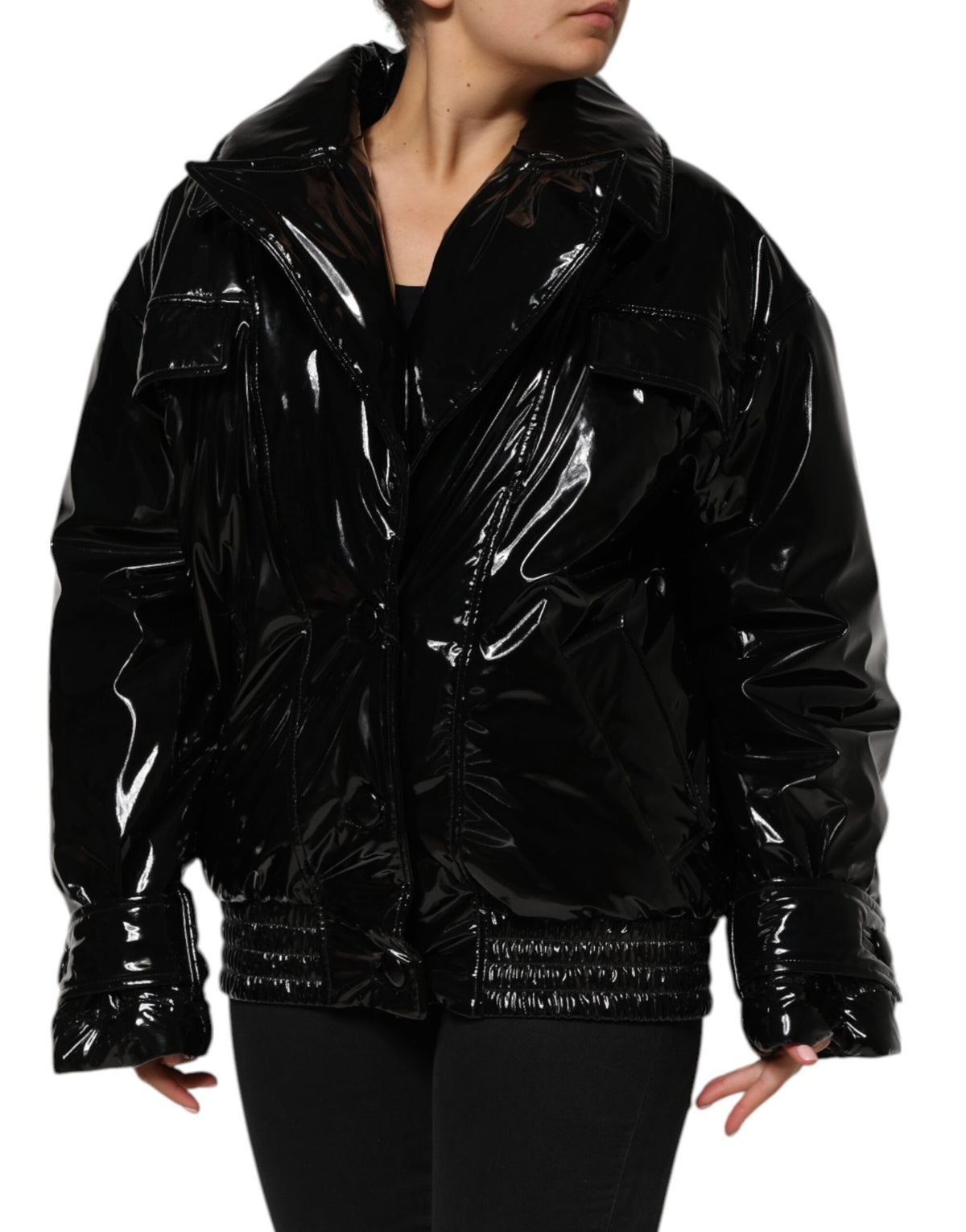 Black Polyester Quilted Puffer Coat Jacket
