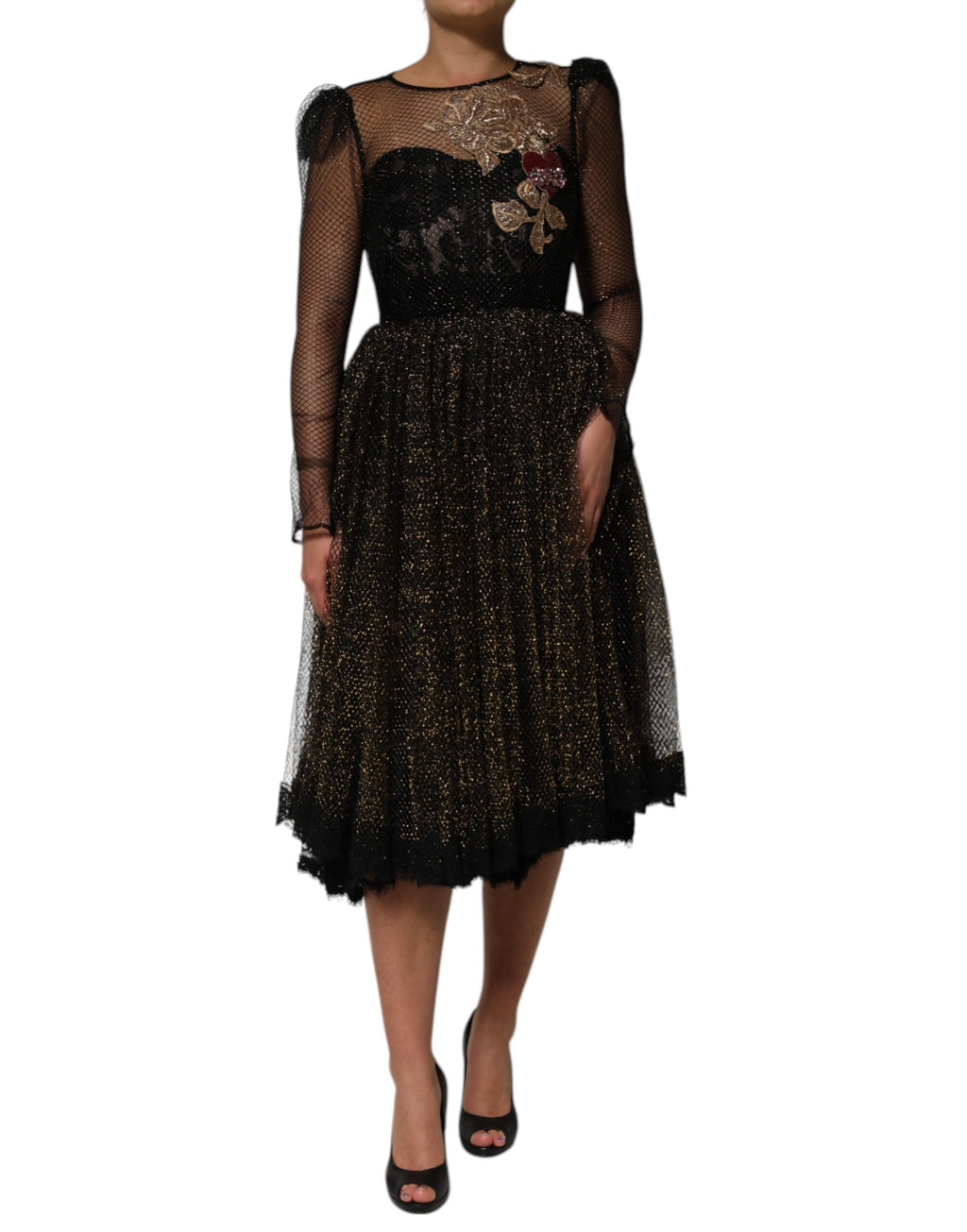 Black Crystal Heart Embellished A-line Dress