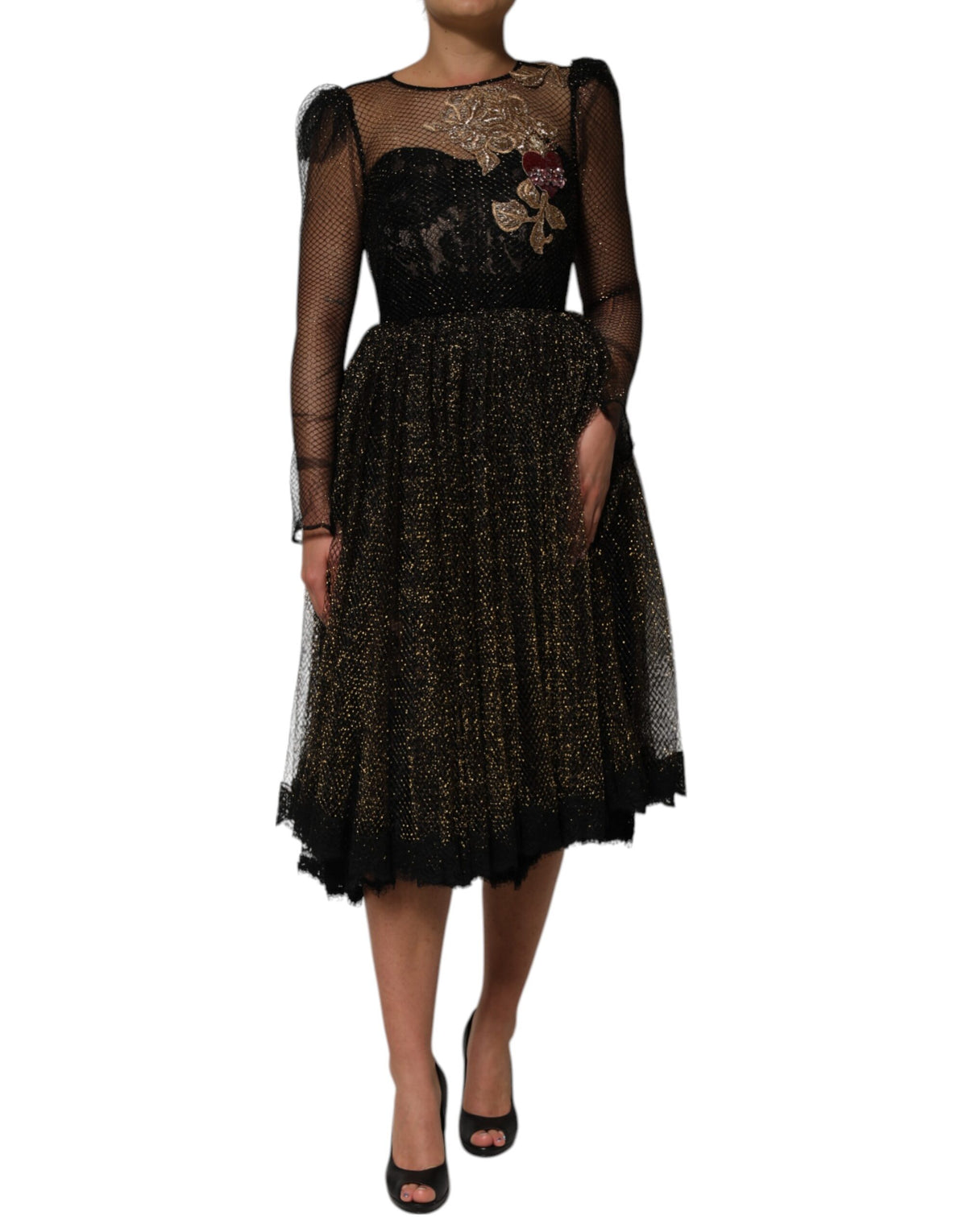 Black Crystal Heart Embellished A-line Dress