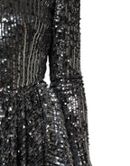 Black Sequined Long Sleeves Midi A-line  Dress