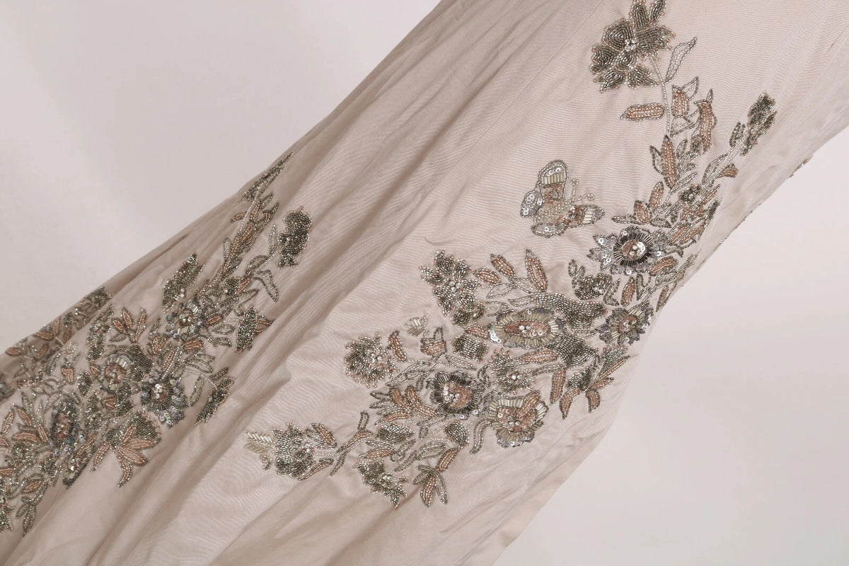 Beige Sequined Flower Flare Ball Gown Dress