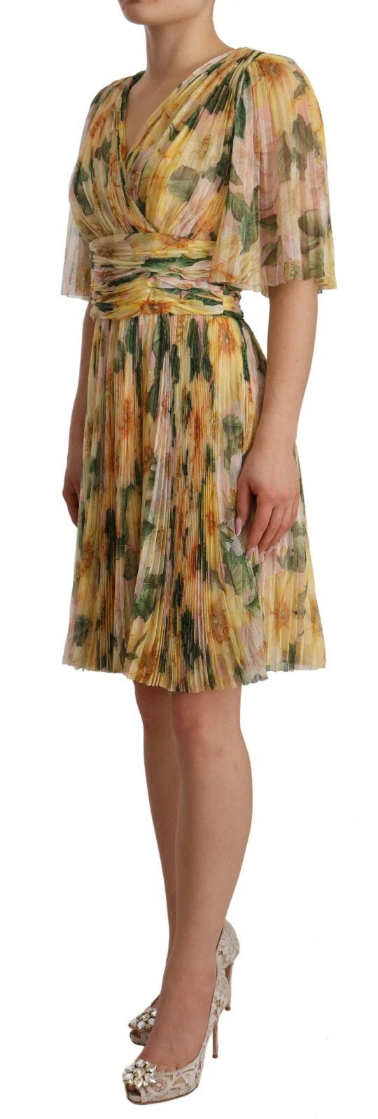 Yellow Floral Print Pleated Maxi Dress
