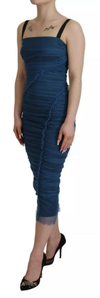Blue Mesh Trim Ruched Tulle Sheath Dress