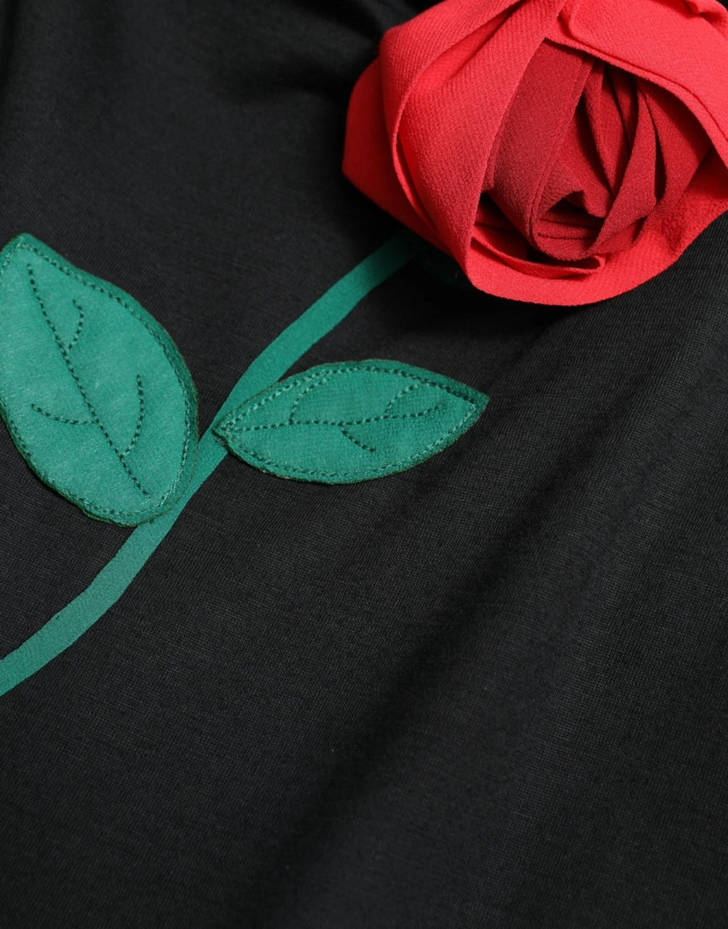 Black Wool Sleeveless Rose Applique Dress
