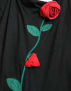 Black Wool Sleeveless Rose Applique Dress