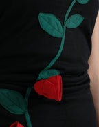 Black Wool Sleeveless Rose Applique Dress