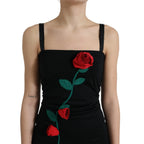 Black Wool Sleeveless Rose Applique Dress