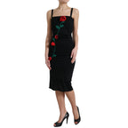 Black Wool Sleeveless Rose Applique Dress