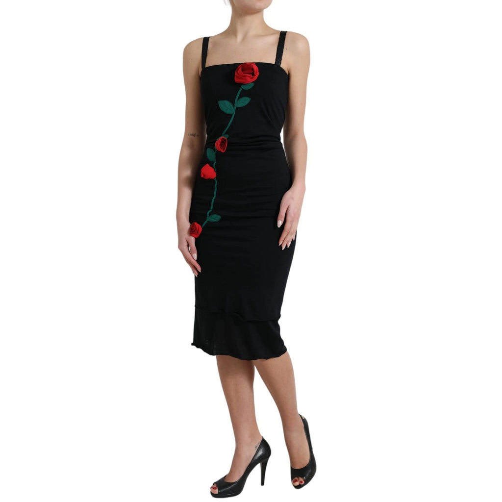 Black Wool Sleeveless Rose Applique Dress
