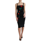 Black Wool Sleeveless Rose Applique Dress