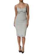 Light Blue Silk Lace Midi Bodycon Slip Dress