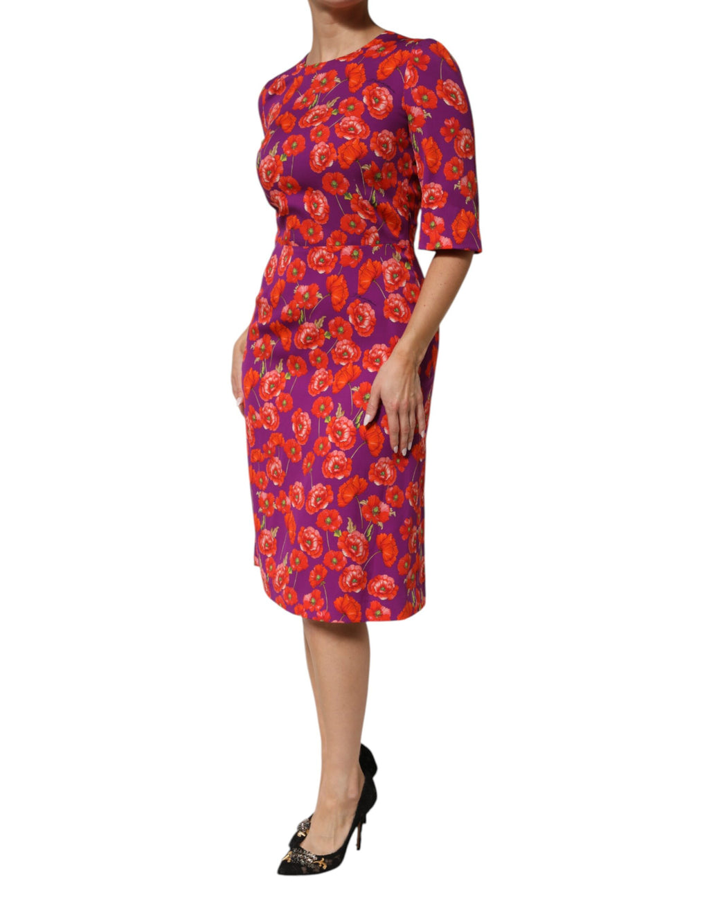 Purple Silk Floral Print Midi Sheath Dress