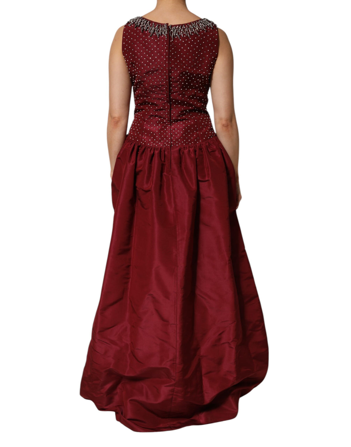 Burgundy Silk Beaded Evening Gown Dress