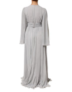 Grey Pleated Maxi Long Sleeve Silk Blend Gown Dress