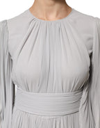 Grey Pleated Maxi Long Sleeve Silk Blend Gown Dress