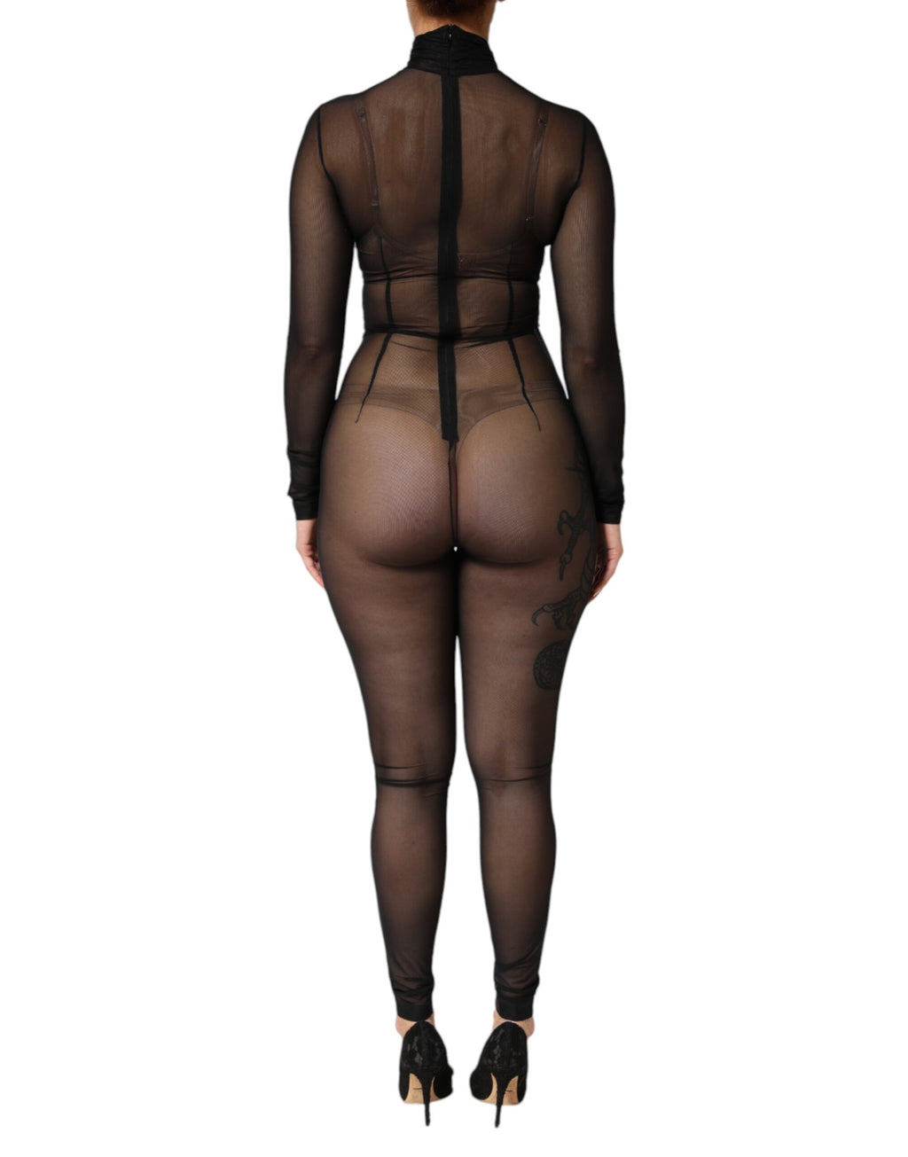 Black Sheer Mesh Long Sleeve Jumpsuit Bodysuit Dress