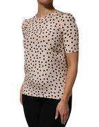 Beige Black Polka Dot Silk Short Sleeve Blouse Top