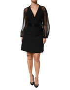 Black Sheer Sleeve Belted V-Neck Mini Dress