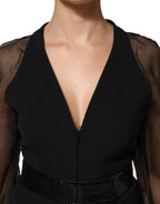 Black Sheer Sleeve Belted V-Neck Mini Dress