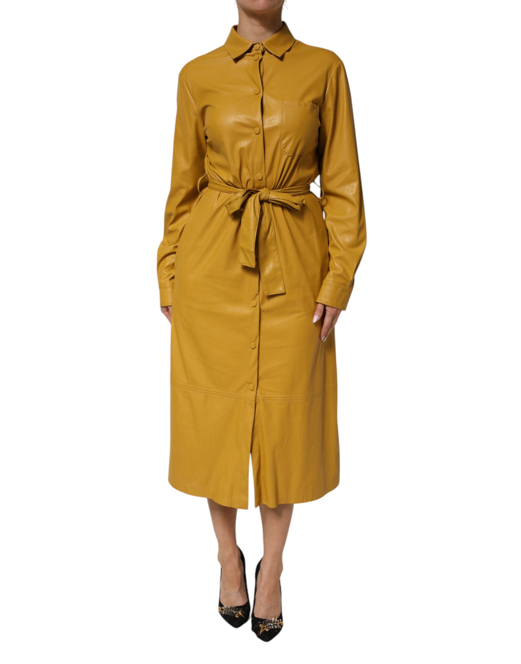 Polyester Belted Shirt Midi Long Sleeve Yellow Mustard