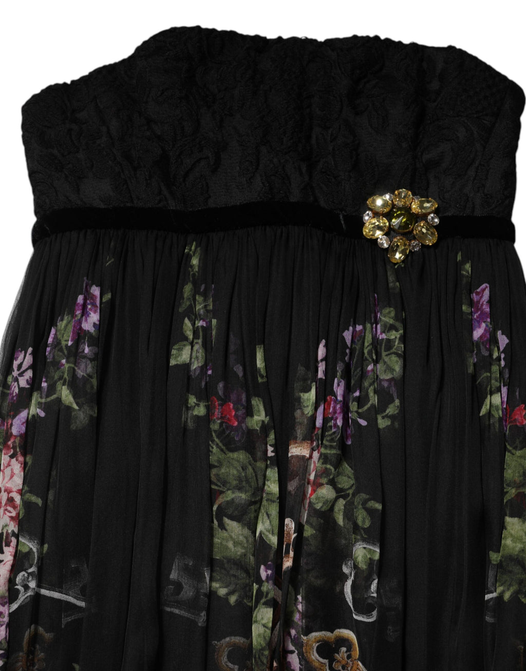 Black Floral Key Print Crystal Strapless Dress