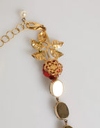 Red Rose Green Crystal Gold-Tone Chain Necklace