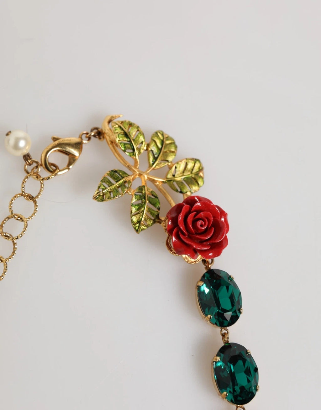Red Rose Green Crystal Gold-Tone Chain Necklace