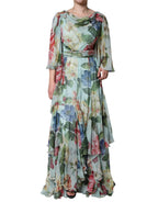 Blue Floral Print Tiered Long Maxi Dress