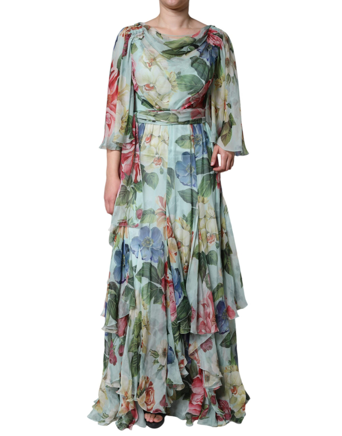 Blue Floral Print Tiered Long Maxi Dress
