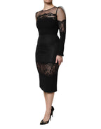 Black Lace Trim Nylon Tulle SheathMidi Dress