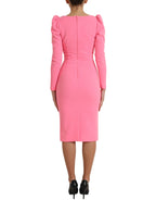Pink Polyester Long Sleeves Sheath Midi Dress