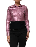 Pink Cotton Stretch Collared Cropped Jacket