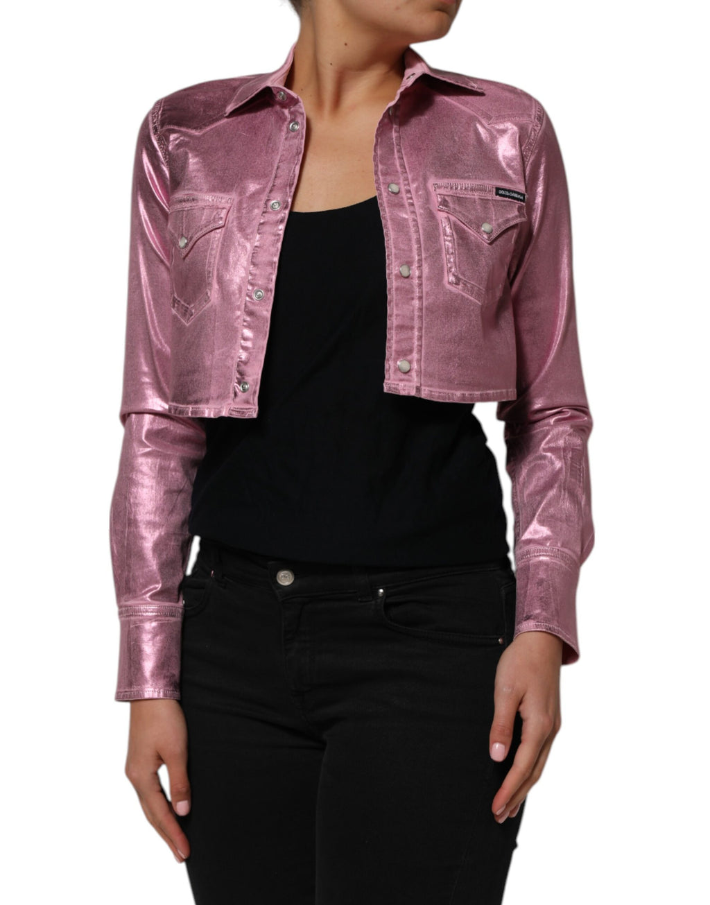 Pink Cotton Stretch Collared Cropped Jacket