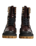 Maroon Leather Mid Calf Biker Boots Shoes